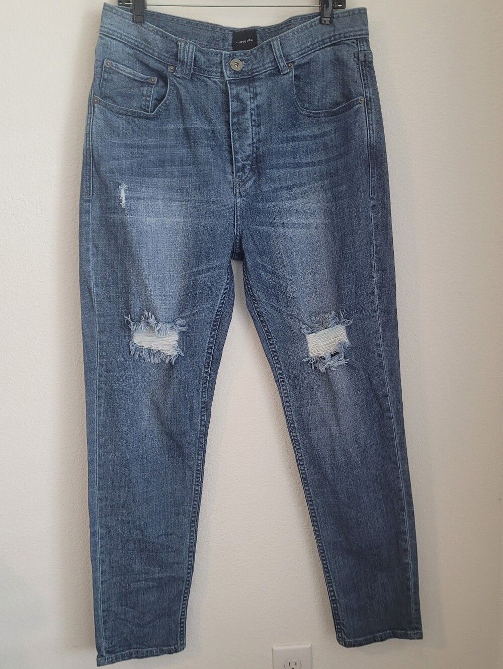 ​I LOVE UGLY "Wrecked Blue" Distressed Tapered Denim Jeans Men's Size XL